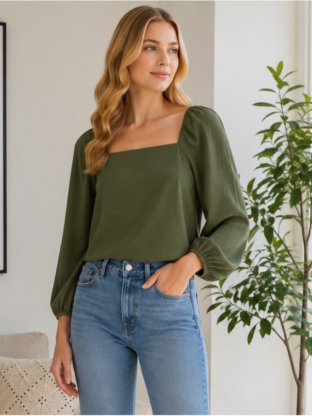 NWT Madewell Crepe Square-Neck Puff-Sleeve‎ Top in green size Xs